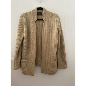 VTG 80's LeRoy Knitwear Bouclé Cardigan Sweater Sz L Tan Open Front Chunky